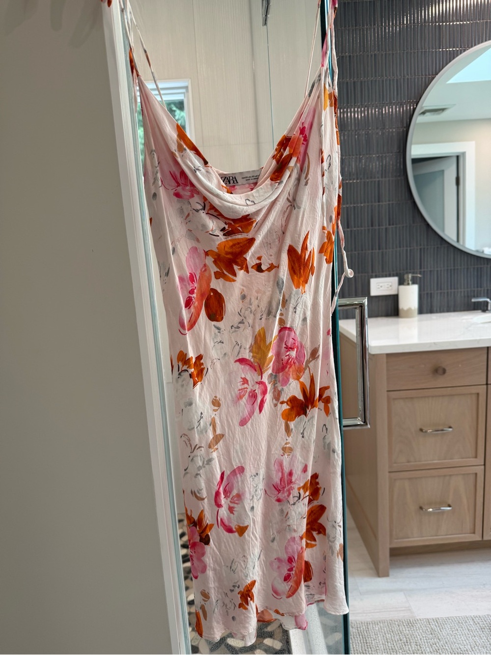 Zara Cream Slip Dress with Pink & Orange Floral Print